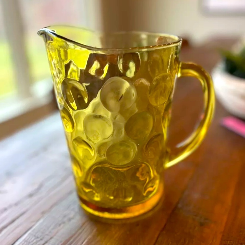 Vintage Hazel Atlas Gold Amber Thumbprint Circles Dot Glass Drink Pitcher
